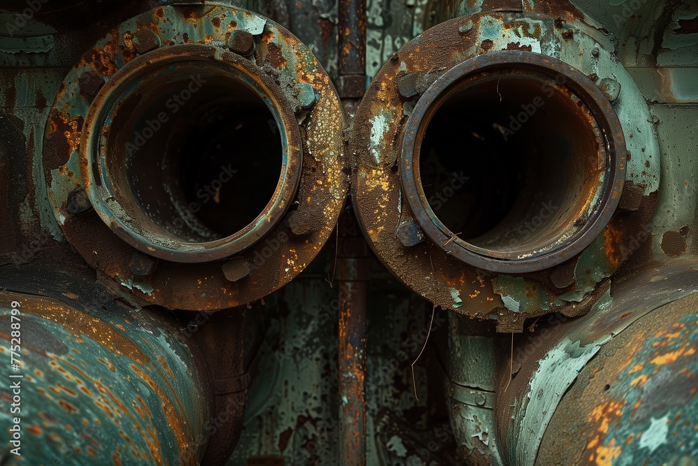 Close-up of two corroded lead metal pipes displaying textures of rust and decay, illustrative of industrial decline and abandonment