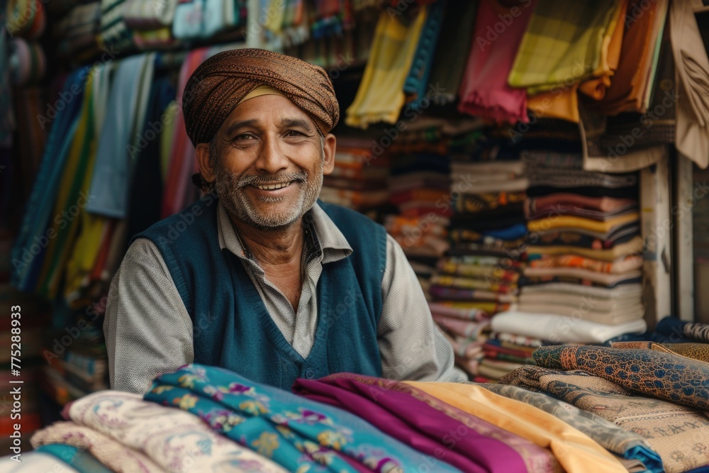 A man sitting in front of a pile of cloth, suitable for fashion industry A man sitting in front of a pile of cloth, suitable for fashion industry