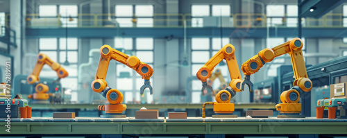 Robotic arm machinery in operation at manufacturing plant, symbolizing industrial efficiency and automation. Multiple robotic arms performing automated tasks with accuracy and speed photo