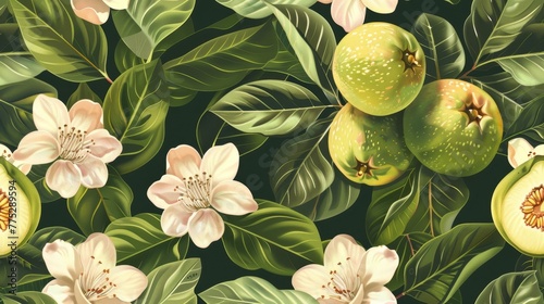 A lush, seamless pattern of guava with flowers and leaves, rendered in AI for a classic botanical illustration look photo
