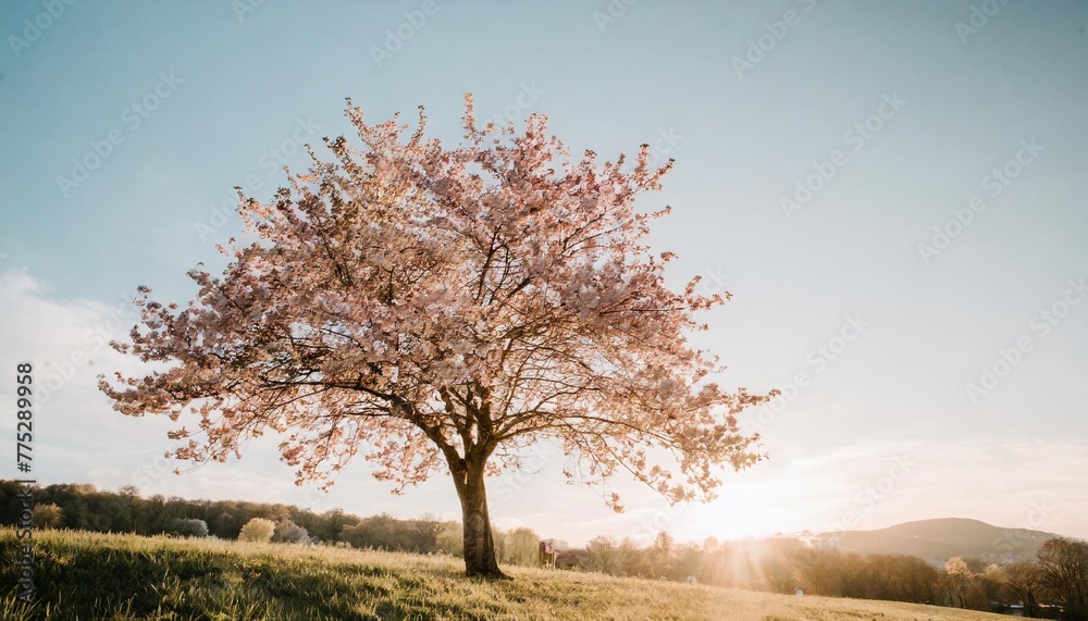 travel in nature concept with pink cherry blossom tree and clear sky in springtime season