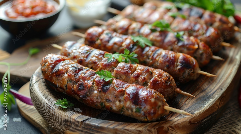 Egyptian dish Mombar sausages, on a wooden board.