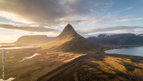 aerial view of maelifell mountain at sunset with valley landscape iceland