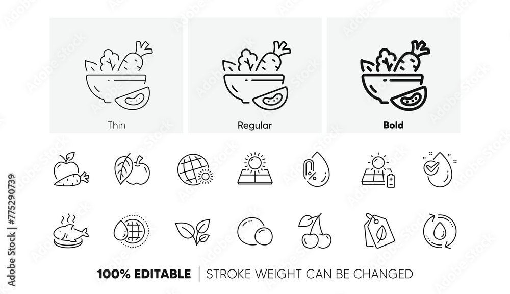 No alcohol, Sun energy and Apple line icons. Pack of Fish dish, World weather, Peas icon. Leaves, Solar panel, Salad pictogram. Cherry, Bio tags, Refill water. Apple carrot, World water. Vector