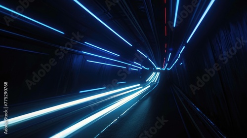 A train traveling through a tunnel with blue lights. Ideal for transportation concepts