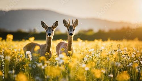 roe deer capreolus capreouls couple int rutting season staring on a field with yellow wildflowers two wild animals standing close together love concept photo