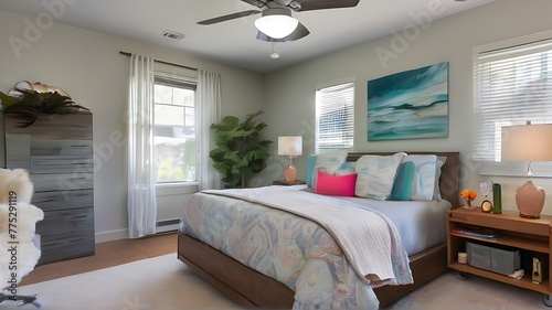 Vibrant and lively bedroom with a large bed, two nightstands, a chair, and a ceiling fan