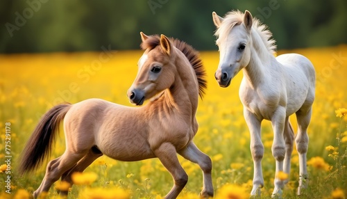 Little pony foal play on a meadow with yellow flowers.