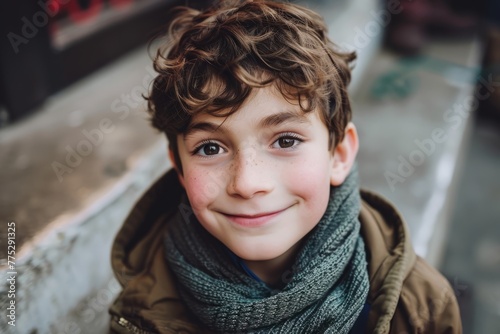 Portrait of a cute little boy with curly hair and blue scarf