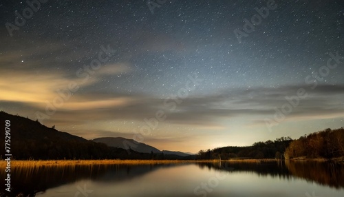 a painting of a night sky with stars above a lake