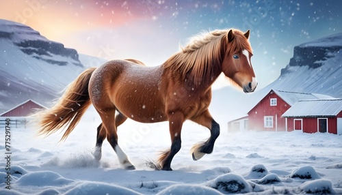 Typical Icelandic horse in winter landscape with falling snow. photo