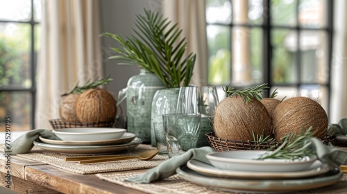  A table is adorned with plates, bowls, and vases featuring palm leaves and pineapples