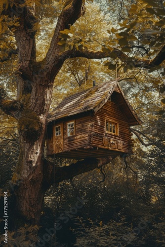 A tree house nestled in a lush forest, perfect for nature-themed designs