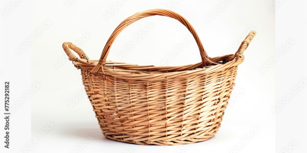 A wicker basket with handles on a plain white background. Perfect for various product presentations