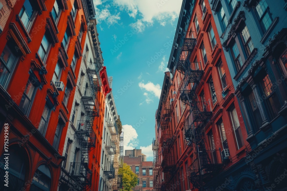 Obraz premium Cityscape with tall buildings in a narrow street, suitable for urban themes