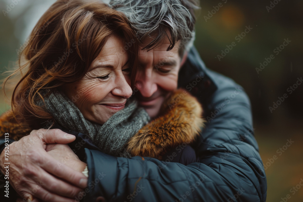A man and woman hugging with the woman wearing a fur coat A man and woman hugging with the woman wearing a fur coat