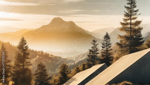collage artistique d images de nature avec arbres et montagne elements naturels formes geometriques photo