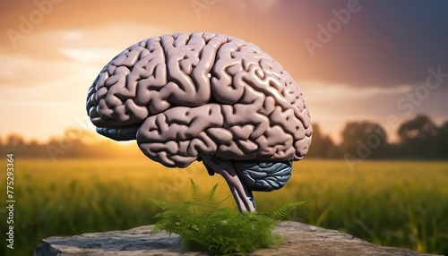 Silhouette of a brain with nature materials in front of epic background 