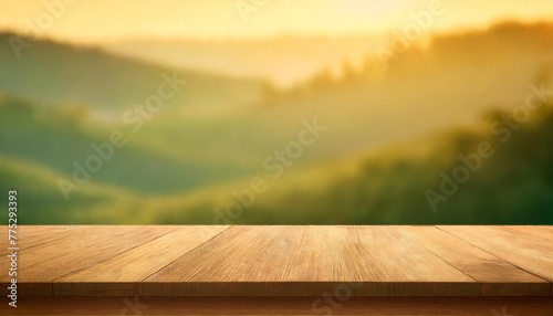 blurred green nature background with wooden table for mockup or product display table platform with customizable space on table top for editing photo