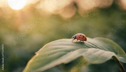 ladybug on a green leaf on blurred green nature background vertical image