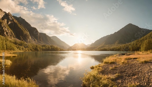 panorama mountains and mountain lake taiga altay russia photo