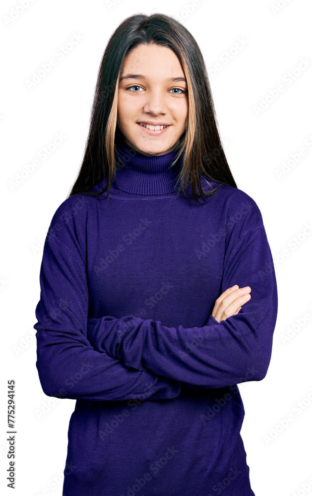 Young brunette girl with long hair wearing turtleneck sweater happy face smiling with crossed arms looking at the camera. positive person. Young brunette girl with long hair wearing turtleneck sweater happy face smiling with crossed arms looking at the camera. positive person.