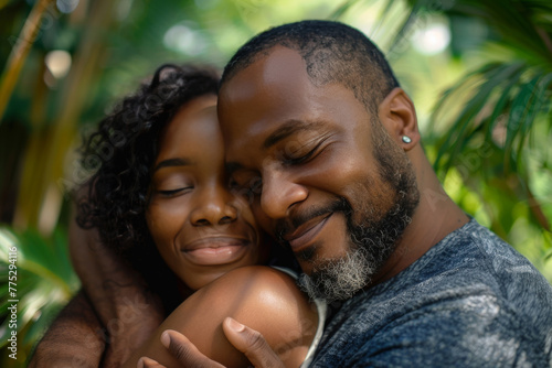 A man and woman hugging with their eyes closed