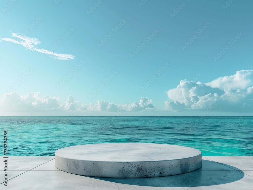 Contemporary pedestal set against a backdrop of crystal clear water. Highlight the beauty of the product from the clean blue sky, Ai generate