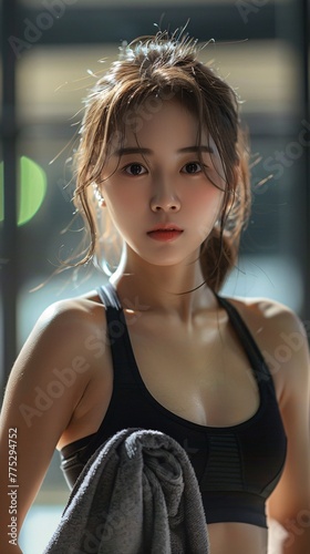 Asian woman after training in gym