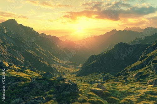Beautiful sunset over a peaceful mountain valley, perfect for nature-themed designs