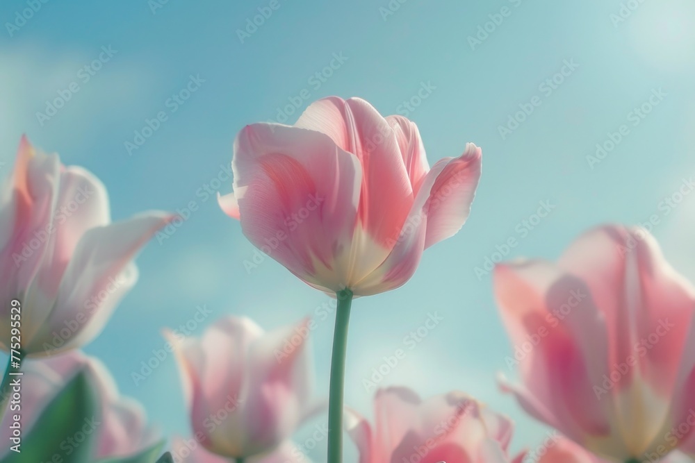 Beautiful pink tulips contrasted against a bright blue sky. Perfect for springtime designs and nature backgrounds