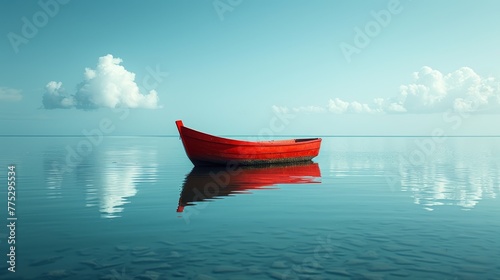   A red boat floats on a waterbody beneath a blue sky and a cloudy backdrop photo