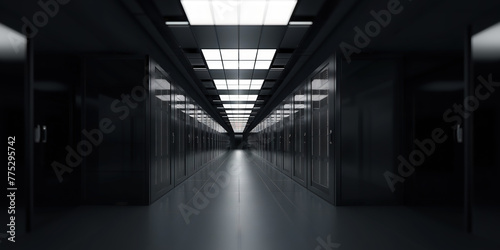 Modern Data Technology Center Server Racks in Dark Space © IMphoto