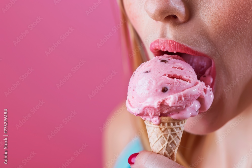 A woman taking a bite of a strawberry ice cream in pink background