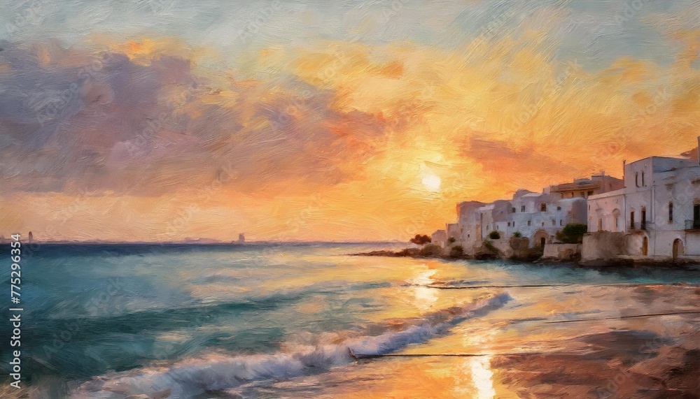 impressionist oil painting beautiful dramatic puglia sunset in italy during summertime