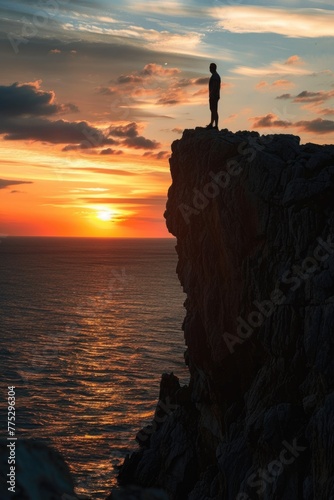 A person standing on a cliff admiring the ocean view. Suitable for travel or adventure concepts