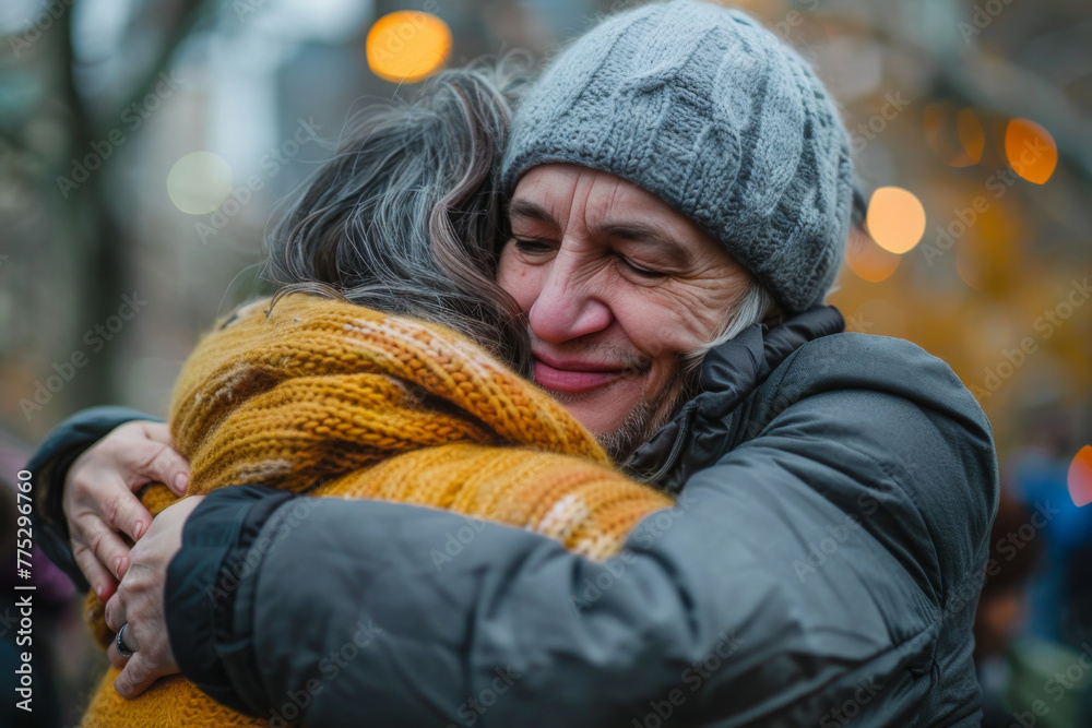 A woman in a gray hat is hugging another woman in a yellow sweater A woman in a gray hat is hugging another woman in a yellow sweater