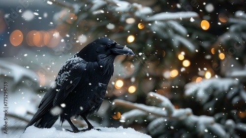 black raven bird standing in the snow with Christmas tree and Christmas lights in the background.	