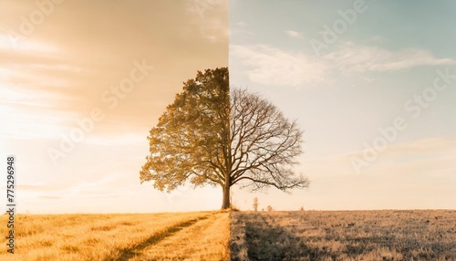 concept of climate changing half dead and alive tree outdoors banner design
