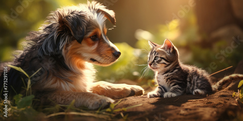 Cute kitten and dog against a background of beautiful blurred nature and sunlight. Banner. Postcard. Wallpaper.