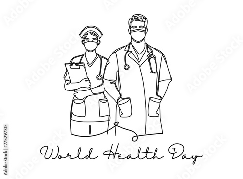World Health Day continuous line drawing one line sketch vector art design 
Doctor and nurse with stethoscope on white background. Vector illustration.