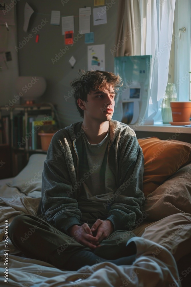 A young man sitting on a bed in a bedroom, suitable for lifestyle and interior design concepts