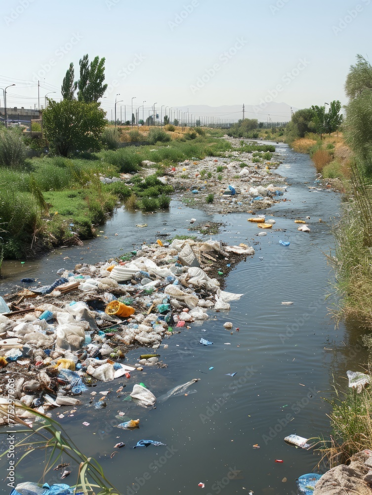 garbage in the river environmental pollution.