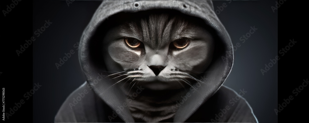 cat dressed in a hood on dark background.