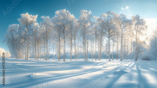   A picture of a winter scene with trees upfront and a blue sky with cloud formations behind photo