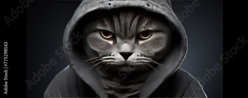 cat dressed in a hood on dark background.
