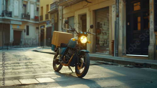  motorcycle with delivery package on a city street