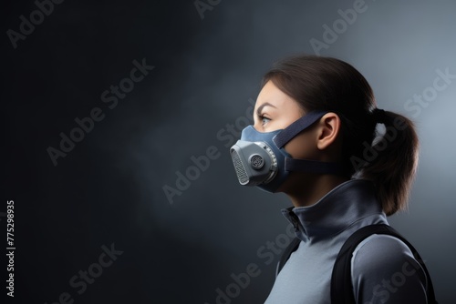 Young woman wearing a high-tech protective mask, symbolizing air pollution and health protection in an urban setting. Woman with Protective Mask Against Pollution