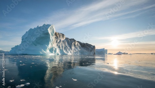 melting icebergs by the coast of greenland on a beautiful summer day melting of a iceberg and pouring water into the sea global warming arctic nature landscape summer day