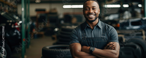 Handsome car mechanic standing with crossed arms in front of his car garage. photo
